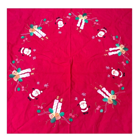 Vintage Red Round Christmas Table Cloth Santa & Candle Embroidery 60" Cotton